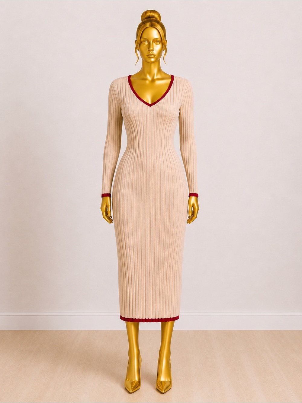 SHEIN Beige Ribbed V-Neck Long Sleeve Midi Dress with Red Trim